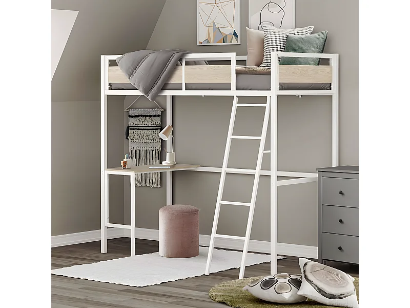 Lit mezzanine avec sommier et bureau en métal finition epoxy blanche et mélamine imitation chêne - couchage 90 x 190 cm - DINO