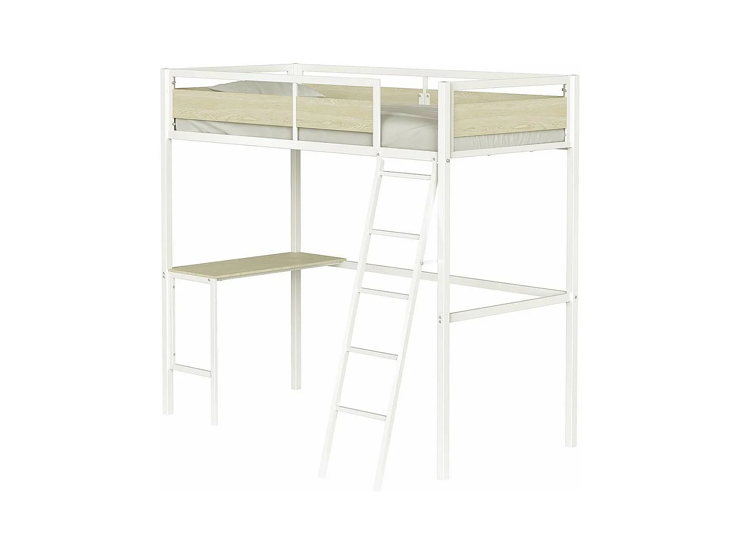 Cama alta con escritorio DINO de metal con acabado en epoxi blanco y melamina imitación roble - 90 x 190 cm