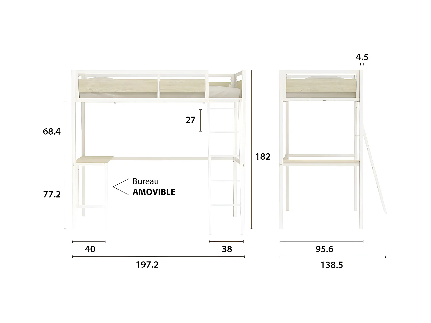 Cama alta con escritorio DINO de metal con acabado en epoxi blanco y melamina imitación roble - 90 x 190 cm