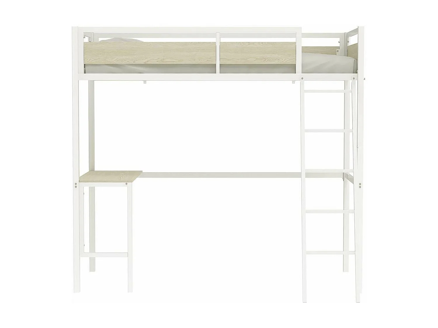 Cama alta con escritorio DINO de metal con acabado en epoxi blanco y melamina imitación roble - 90 x 190 cm