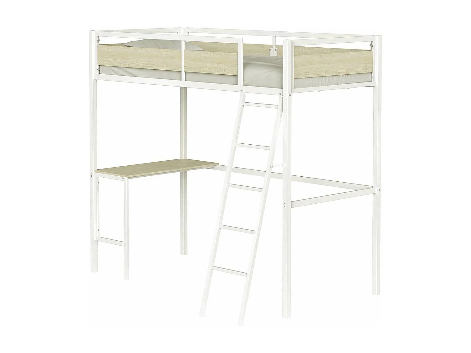 Lit mezzanine avec sommier et bureau en métal finition epoxy blanche et mélamine imitation chêne - couchage 90 x 190 cm - DINO