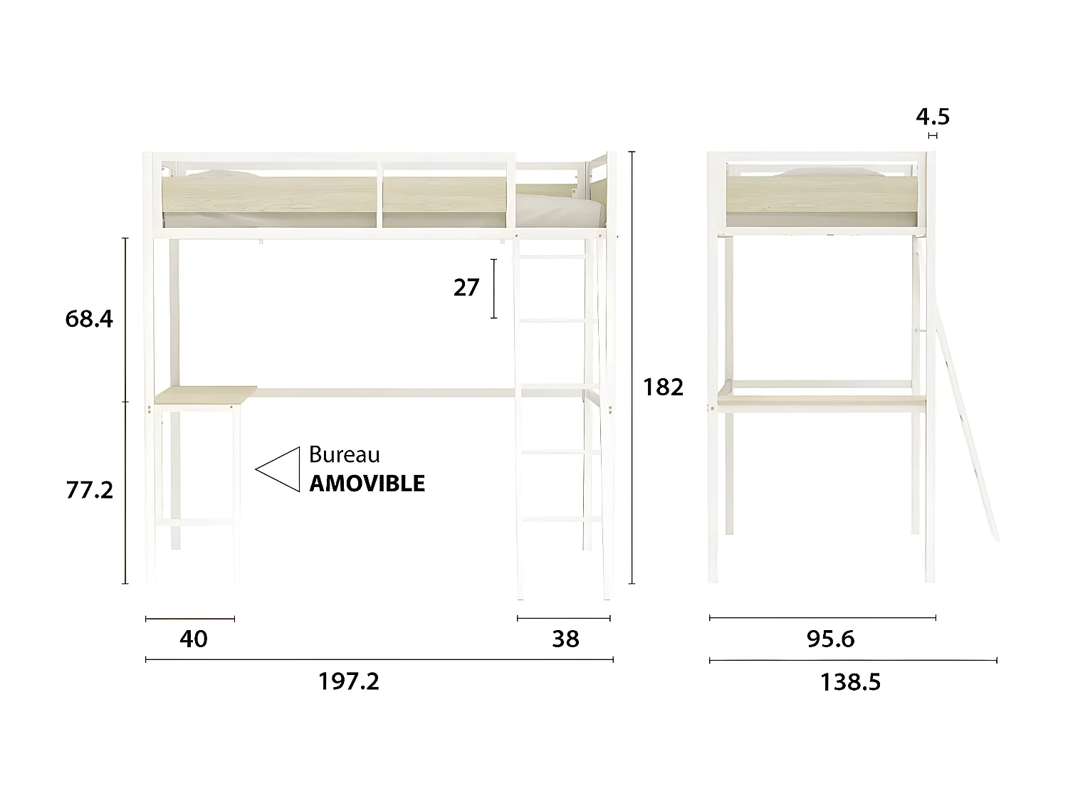 Lit mezzanine avec sommier et bureau en métal finition epoxy blanche et mélamine imitation chêne - couchage 90 x 190 cm - DINO