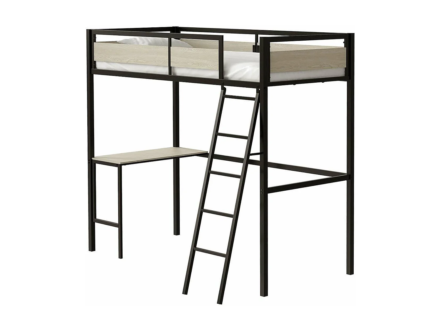 Lit mezzanine avec sommier et bureau en métal finition epoxy noire et mélamine imitation chêne - couchage 90 x 190 cm - DINO