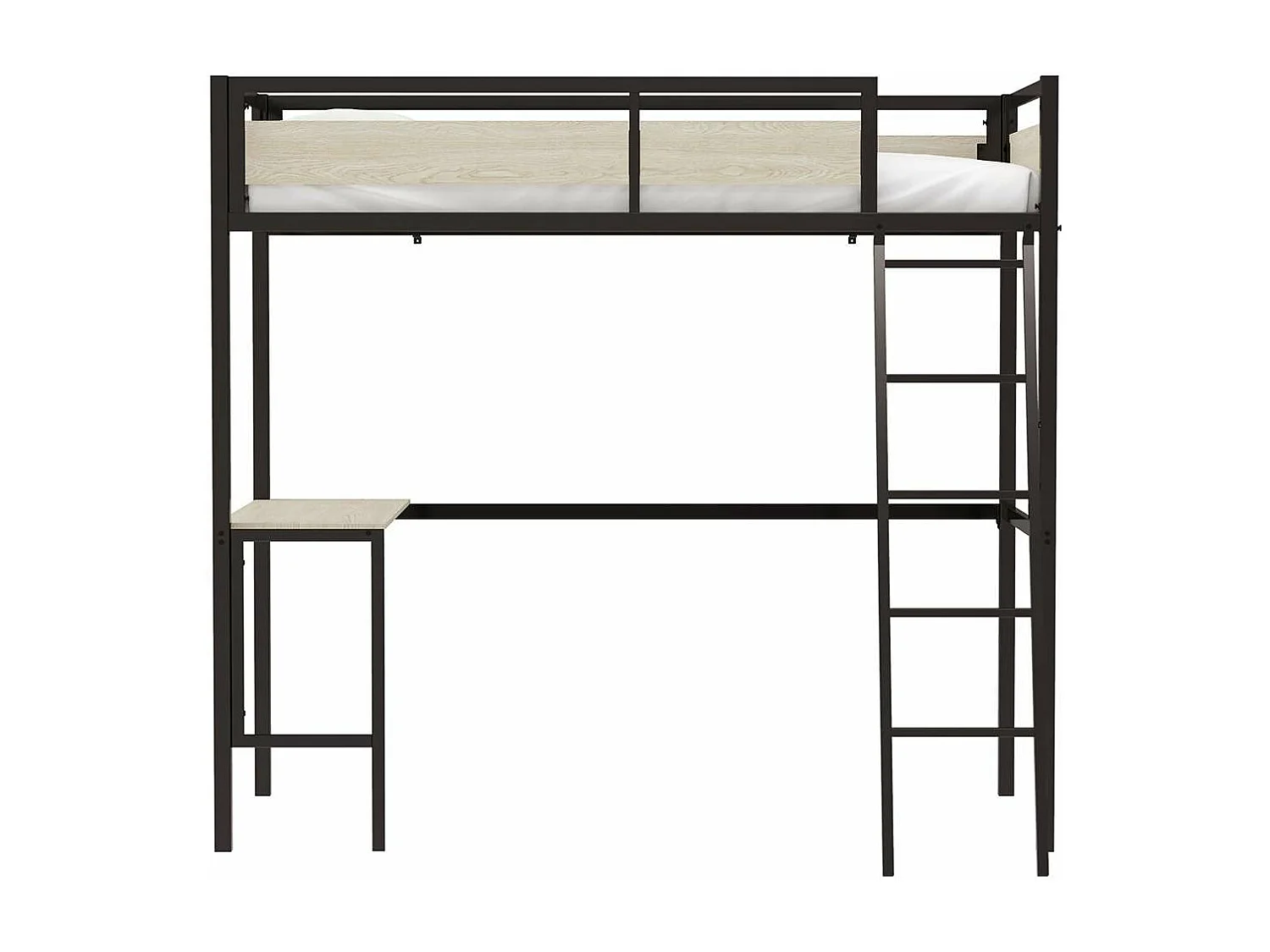 Lit mezzanine avec sommier et bureau en métal finition epoxy noire et mélamine imitation chêne - couchage 90 x 190 cm - DINO