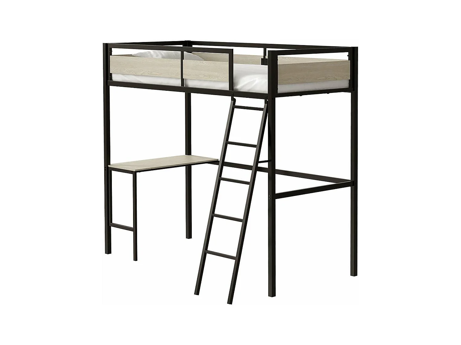 Hoogslaper met lattenbodem en bureau van metaal met zwarte epoxy afwerking en melamine met eikimitatie - bedmaat 90 x 190 cm - DINO