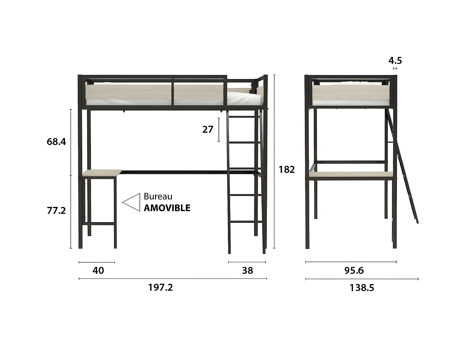 Hoogslaper met lattenbodem en bureau van metaal met zwarte epoxy afwerking en melamine met eikimitatie - bedmaat 90 x 190 cm - DINO