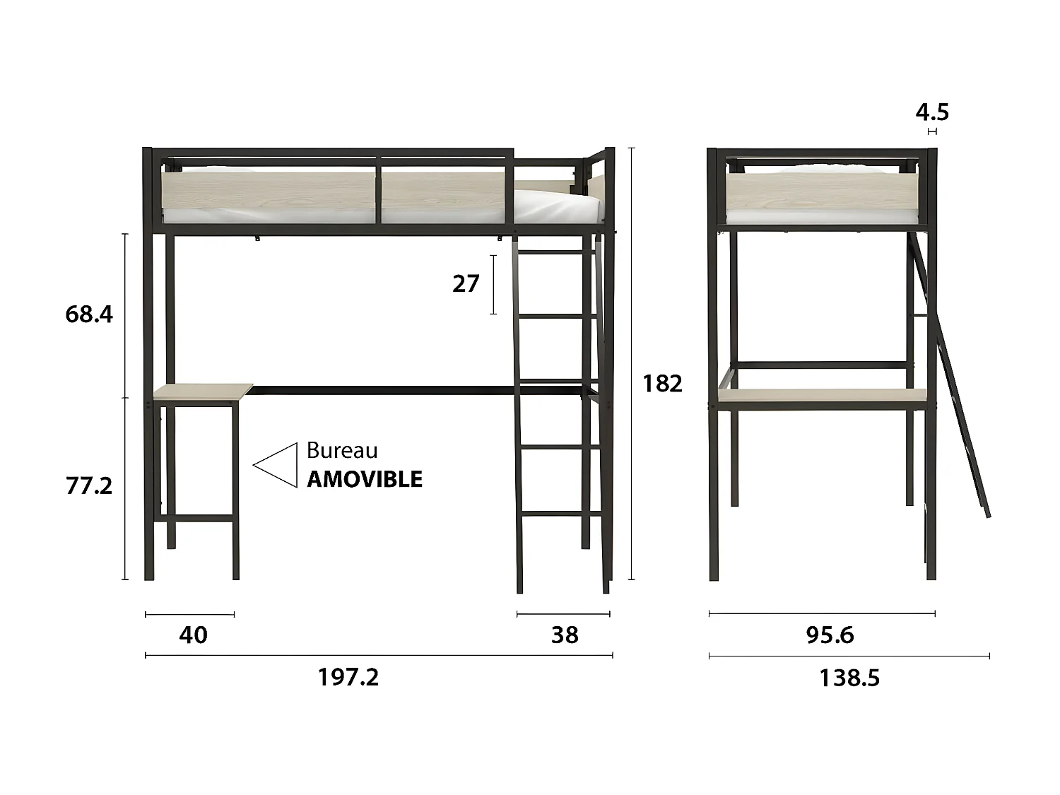Lit mezzanine avec sommier et bureau en métal finition epoxy noire et mélamine imitation chêne - couchage 90 x 190 cm - DINO