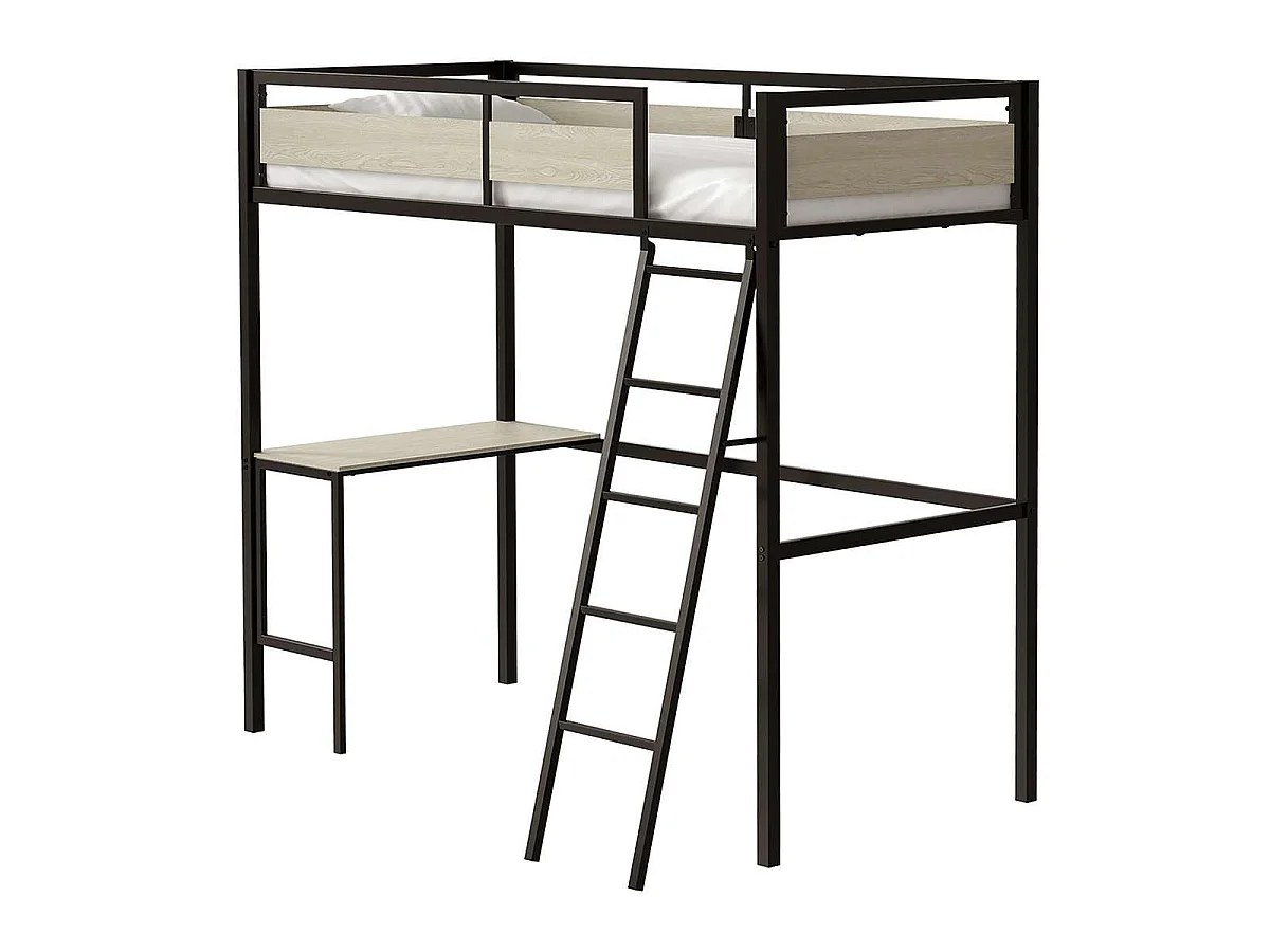 Lit mezzanine avec sommier et bureau en métal finition epoxy noire et mélamine imitation chêne - couchage 90 x 190 cm - DINO