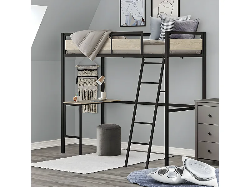 Litera alta con escritorio integrado DINO en metal negro y melamina imitación roble para niños y adolescentes - 90 x 190 cm