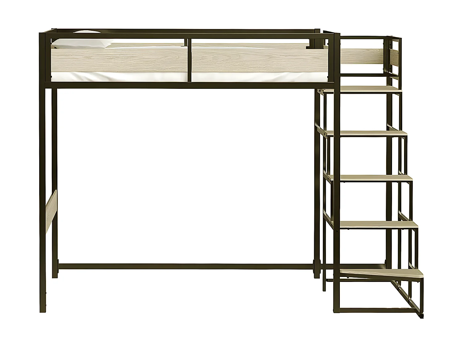 Lit mezzanine avec sommier et escalier en métal finition epoxy noire et mélamine imitation chêne - grand couchage 140 x 190 cm - MONTANA