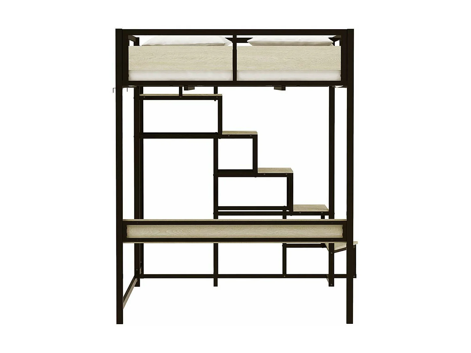 Cama alta MONTANA de metal negro y melamina imitación roble, gran tamaño de 140x190cm con escalera reversible