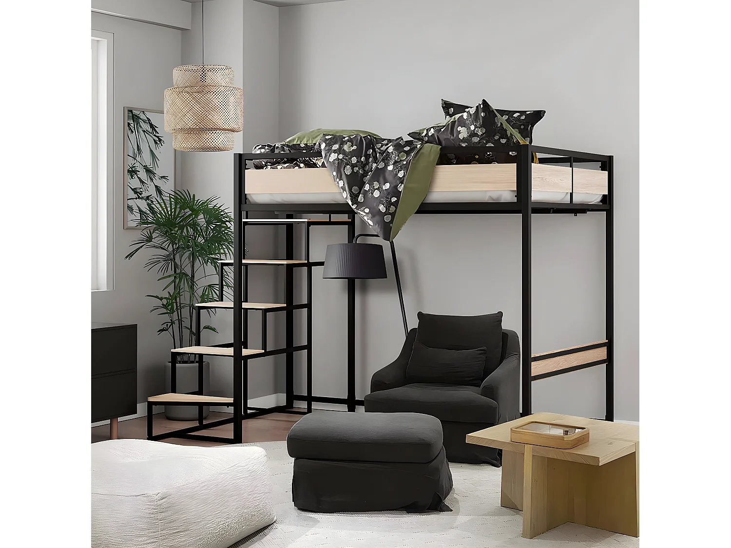 Cama alta MONTANA de metal negro y melamina imitación roble, gran tamaño de 140x190cm con escalera reversible