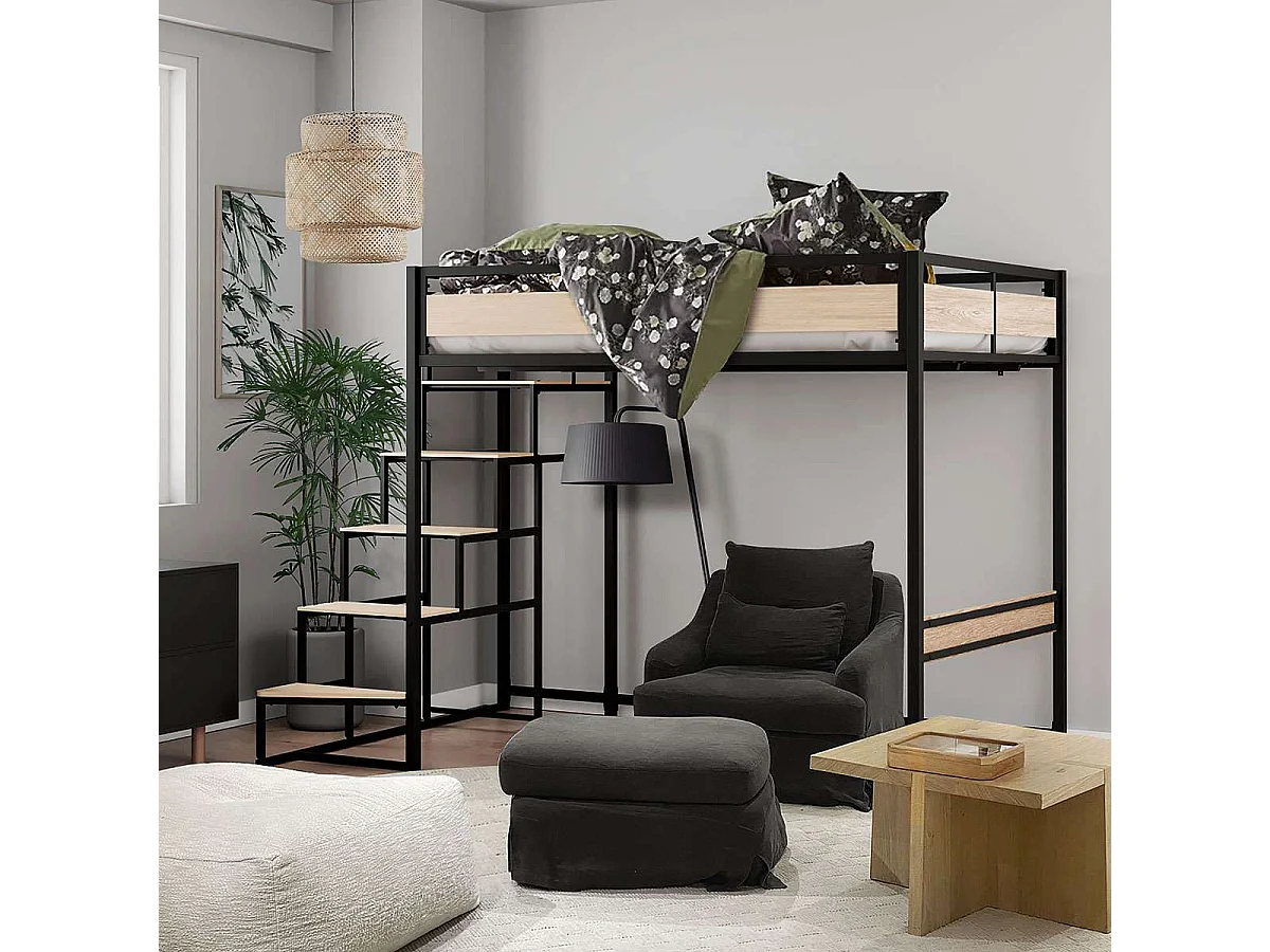 Hochbett mit Metallrahmen und Treppe, schwarzer Epoxid-Finish und Melamin-Eicheimitat - großes Bett 140 x 190 cm - MONTANA