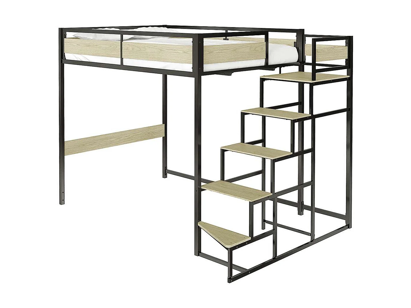 Hochbett mit Metallrahmen und Treppe, schwarzer Epoxid-Finish und Melamin-Eicheimitat - großes Bett 140 x 190 cm - MONTANA