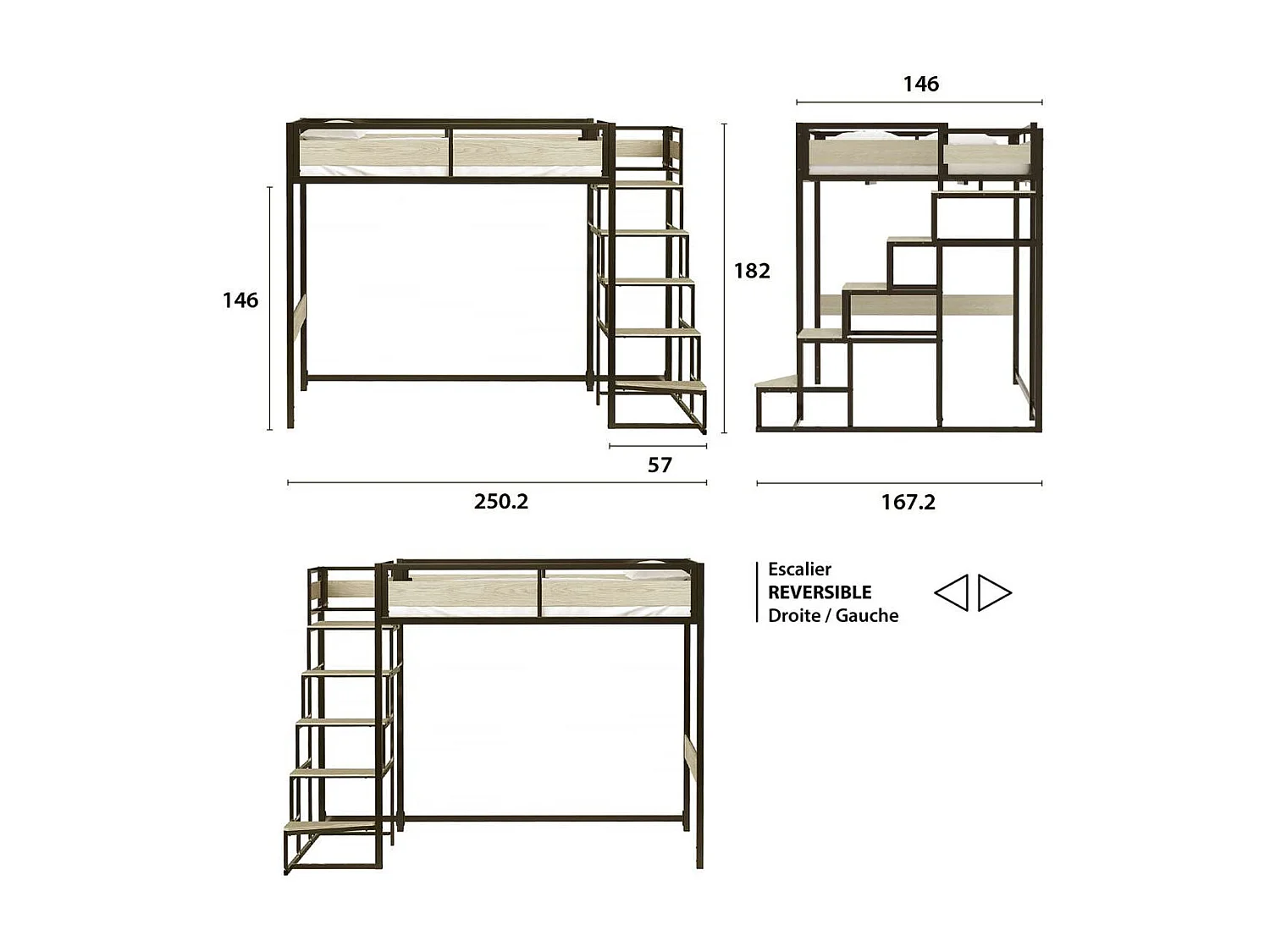 Hochbett mit Metallrahmen und Treppe, schwarzer Epoxid-Finish und Melamin-Eicheimitat - großes Bett 140 x 190 cm - MONTANA