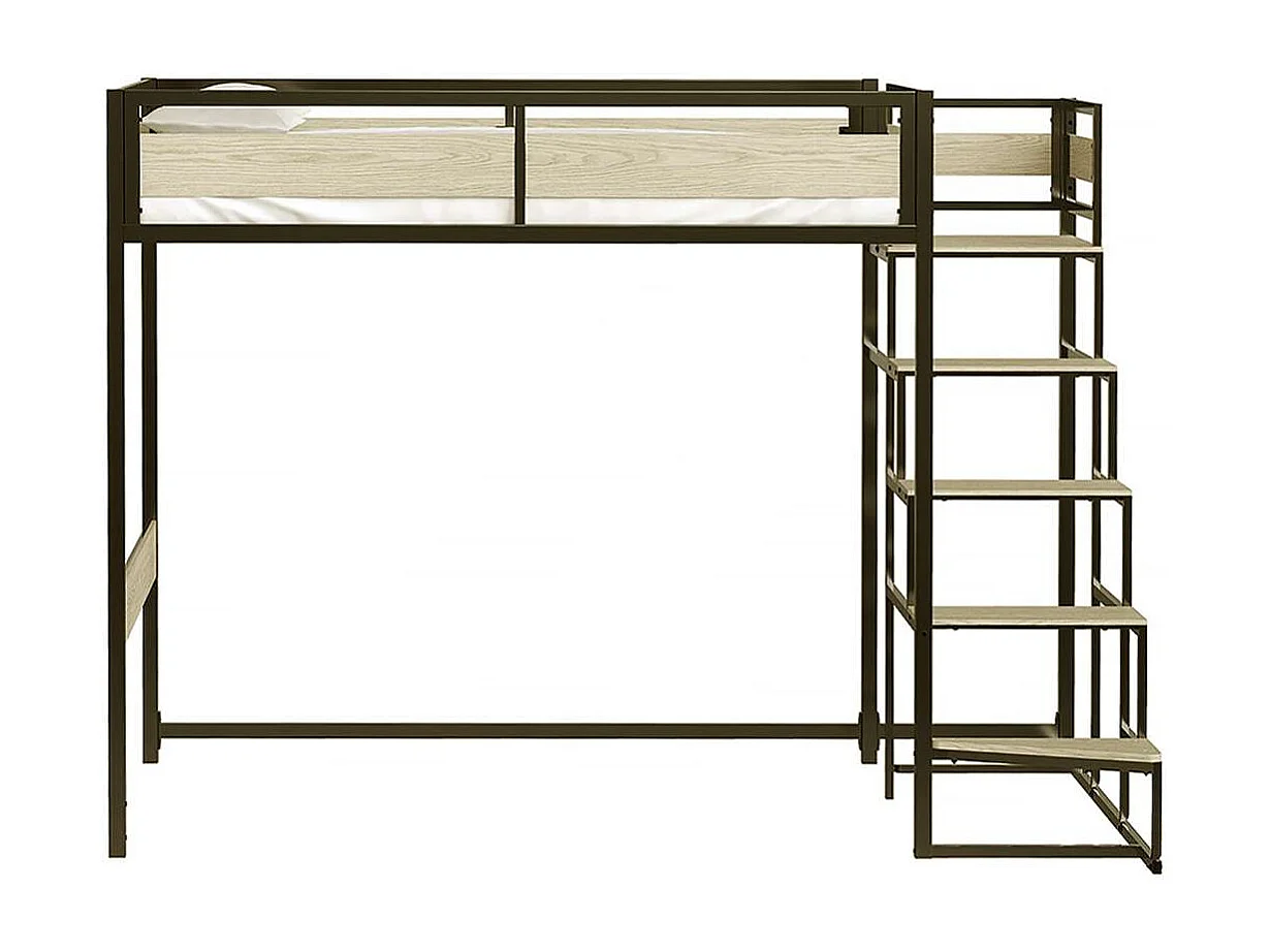 Hochbett mit Metallrahmen und Treppe, schwarzer Epoxid-Finish und Melamin-Eicheimitat - großes Bett 140 x 190 cm - MONTANA