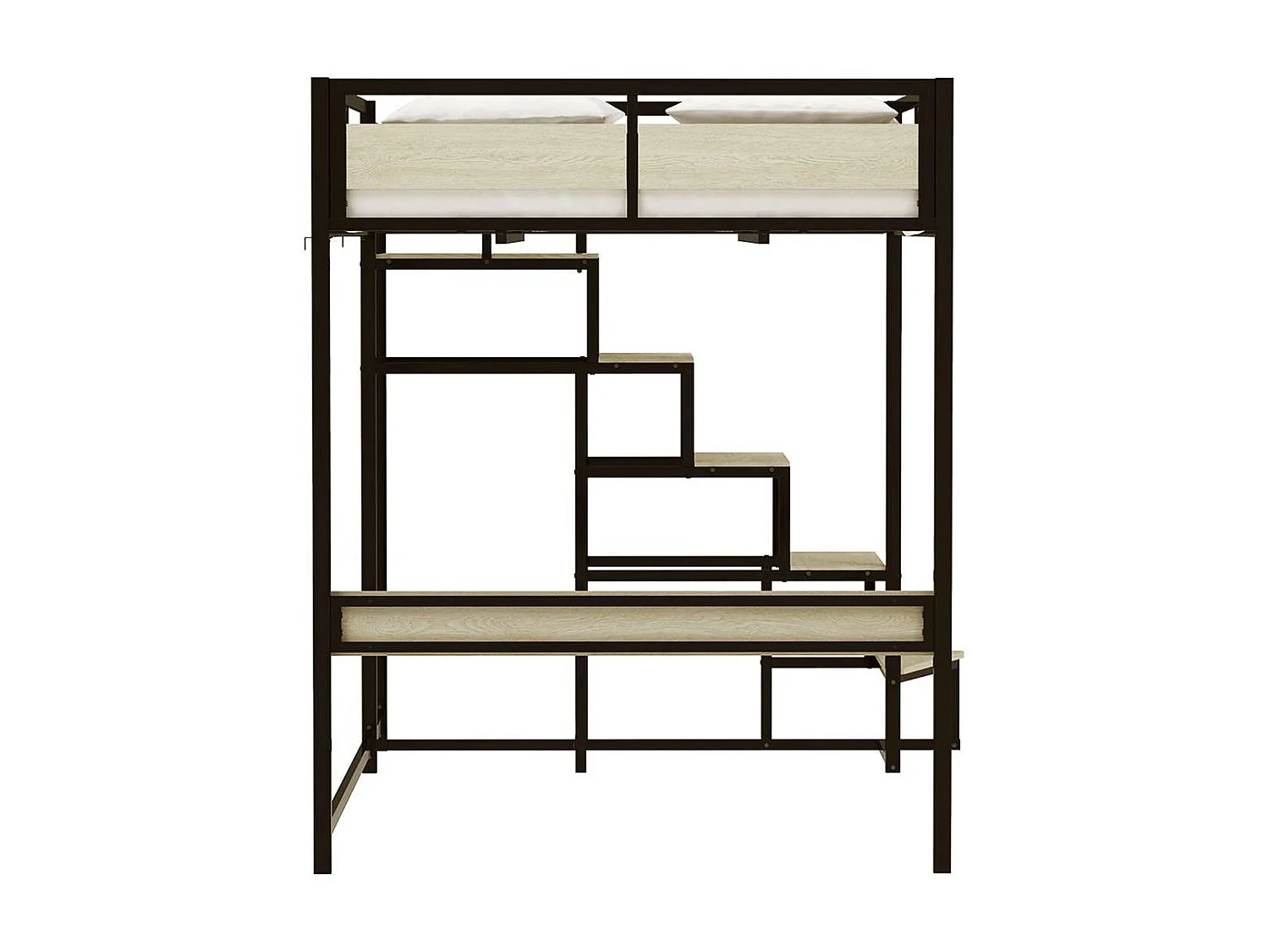 Hochbett mit Metallrahmen und Treppe, schwarzer Epoxid-Finish und Melamin-Eicheimitat - großes Bett 140 x 190 cm - MONTANA