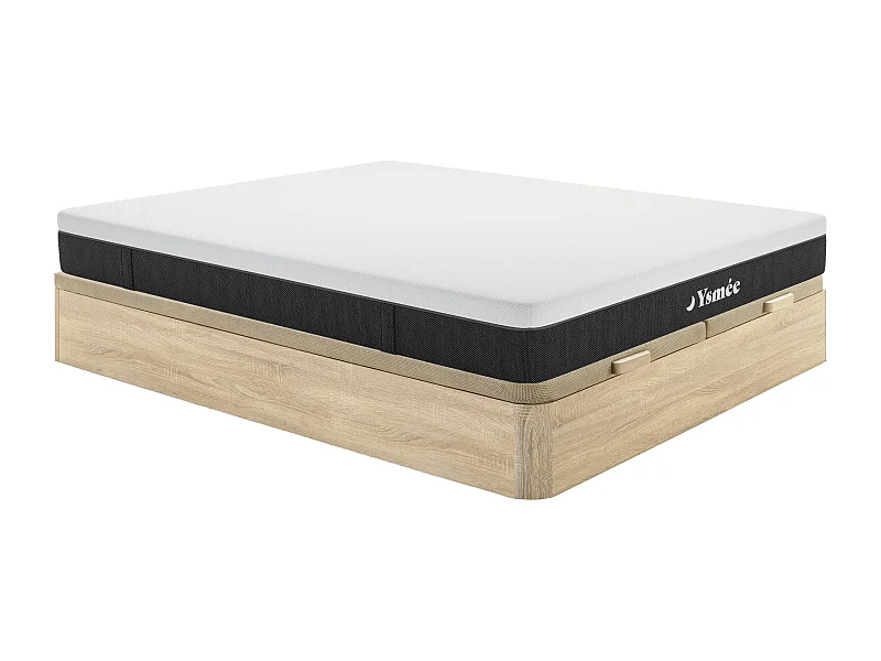Sæt 180 x 200 cm sengebund med opbevaring i lys naturlig + madras med 7 zoner med aftageligt betræk 22 cm tykkelse - CELESTRIA fra YSMÉE