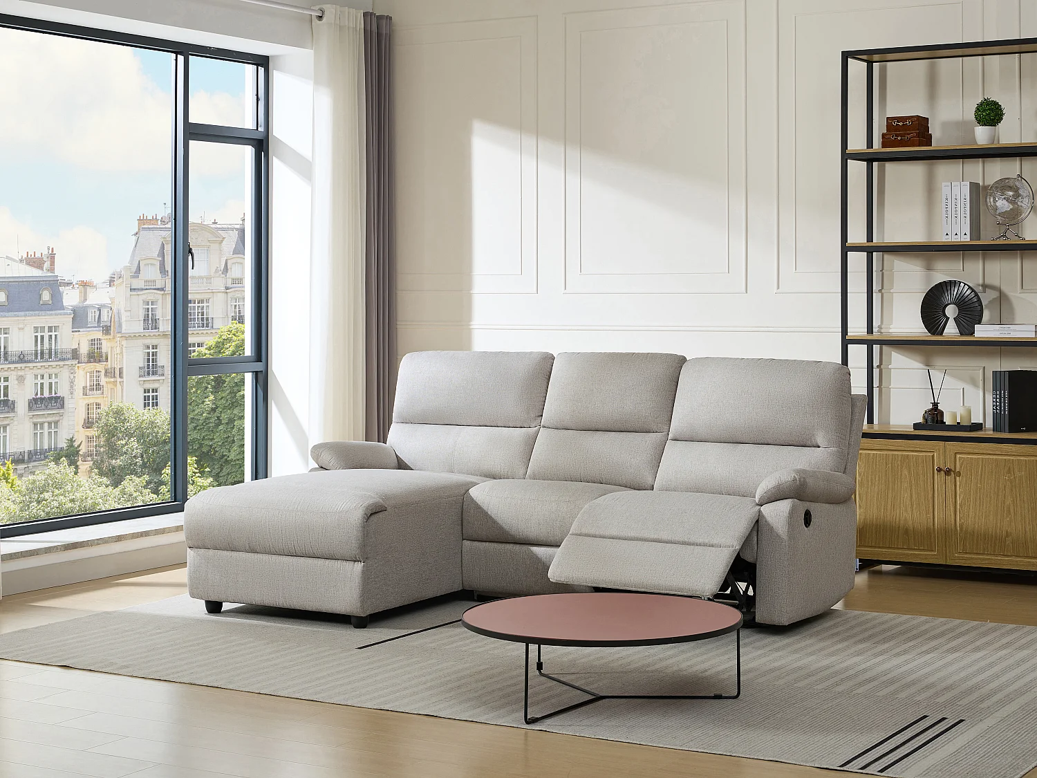 Vänstervänd hörnsoffa med elektrisk lutningsfunktion i beige tyg LUNANO