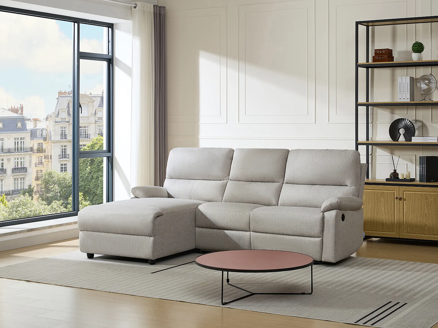 Vänstervänd hörnsoffa med elektrisk lutningsfunktion i beige tyg LUNANO