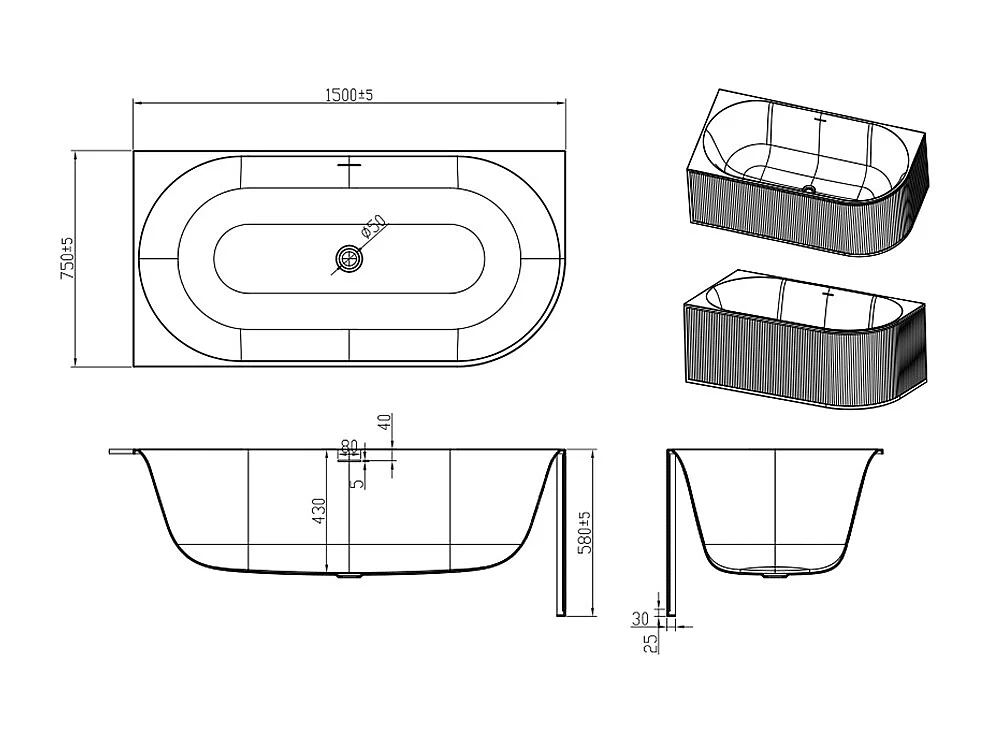 Riflet hjørnebadekar - 215L - 150 x 75 x 58 cm - Mat hvid - Akryl - Venstre hjørne - BARBORI
