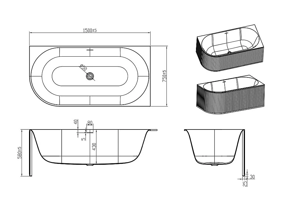Ribbet hjørnekar - 215L - 150 x 75 x 58 cm - Mat hvid - Akryl - Højre hjørne - BARBORI