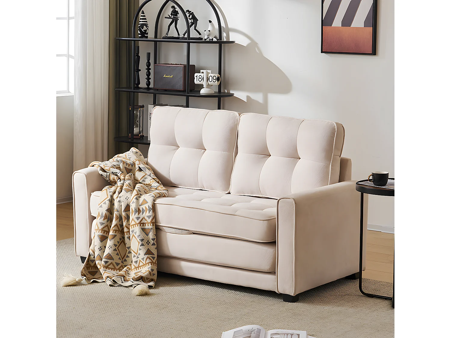 Canape droit Canapé 2 places avec fonction sommeil canapé-lit de salon avec poches sur le côté canapé rembourré Beige