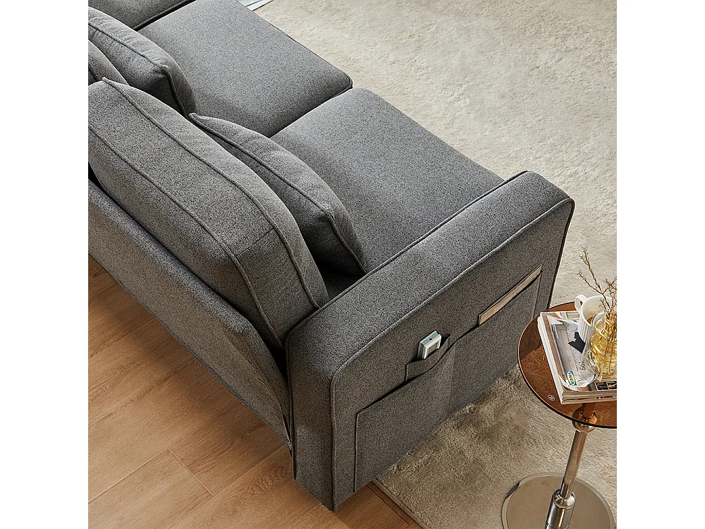 Canapé droit 4 places avec poches accoudoirs et 4 coussins pour le salon l'appartement le bureau Tissu de lin Gris foncé