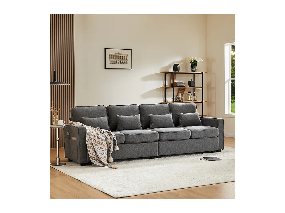 Canapé droit 4 places avec poches accoudoirs et 4 coussins pour le salon l'appartement le bureau Tissu de lin Gris foncé