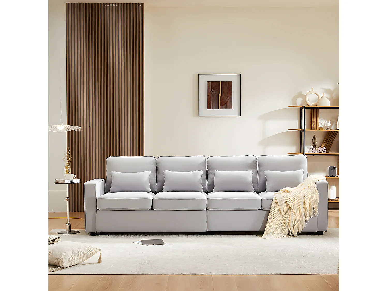 Canapé droit 4 places avec poches accoudoirs et 4 coussins pour le salon l'appartement le bureau Tissu de lin Gris