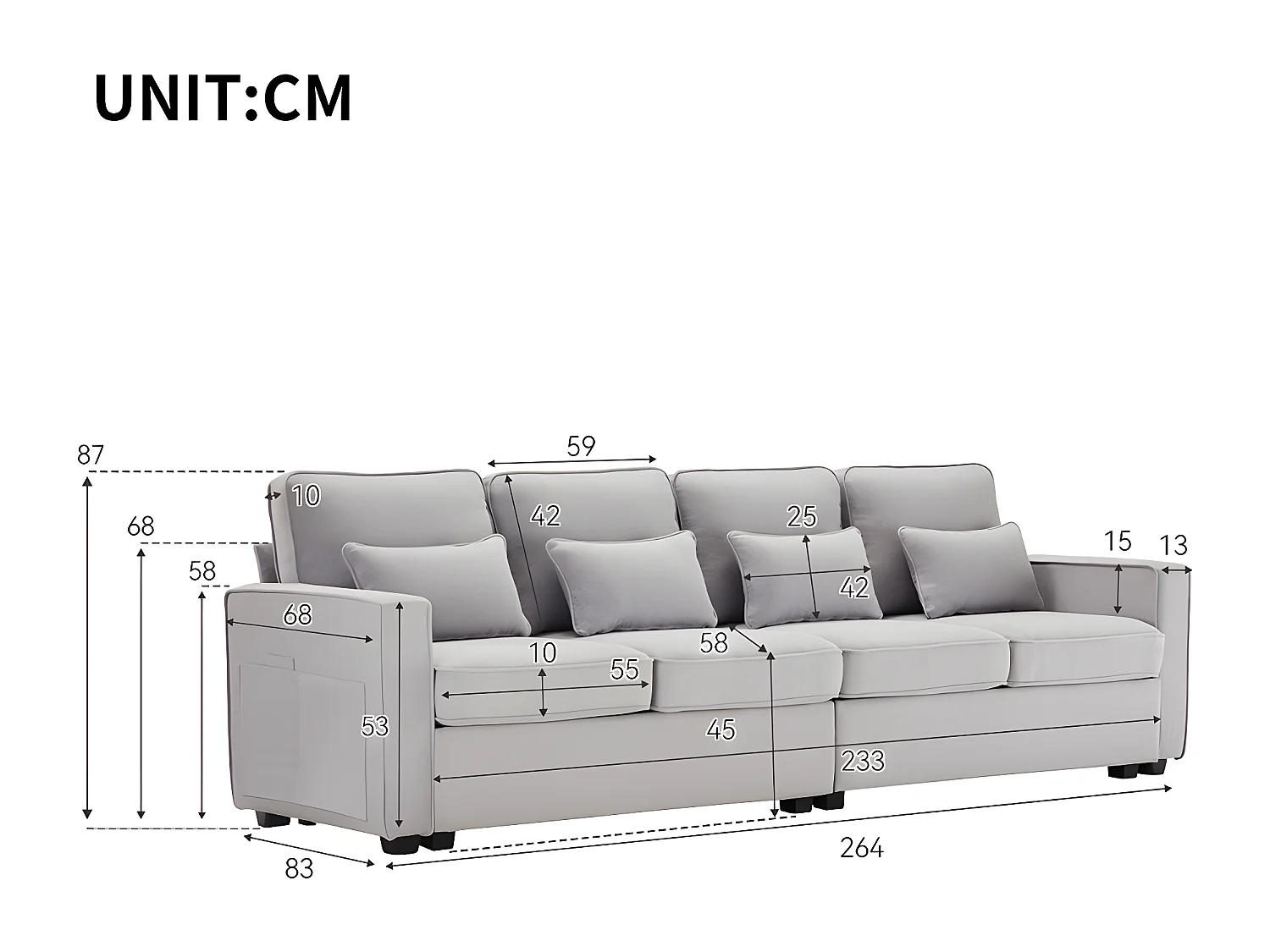 Canapé droit 4 places avec poches accoudoirs et 4 coussins pour le salon l'appartement le bureau Tissu de lin Gris