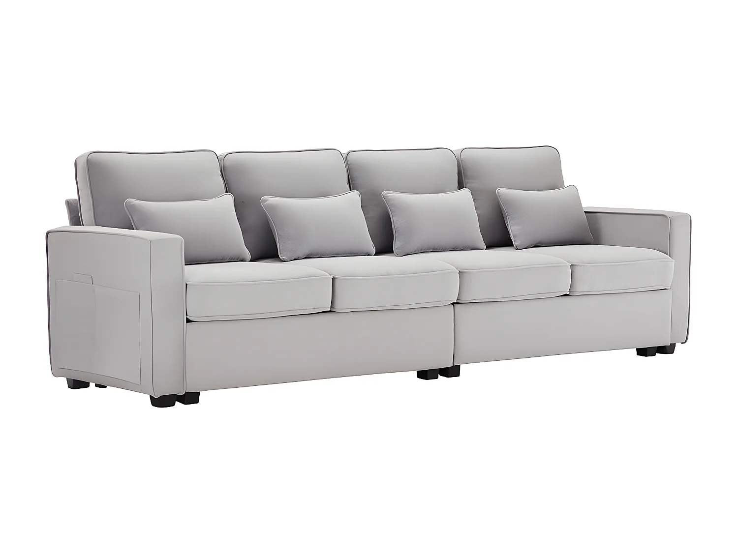 Canapé droit 4 places avec poches accoudoirs et 4 coussins pour le salon l'appartement le bureau Tissu de lin Gris