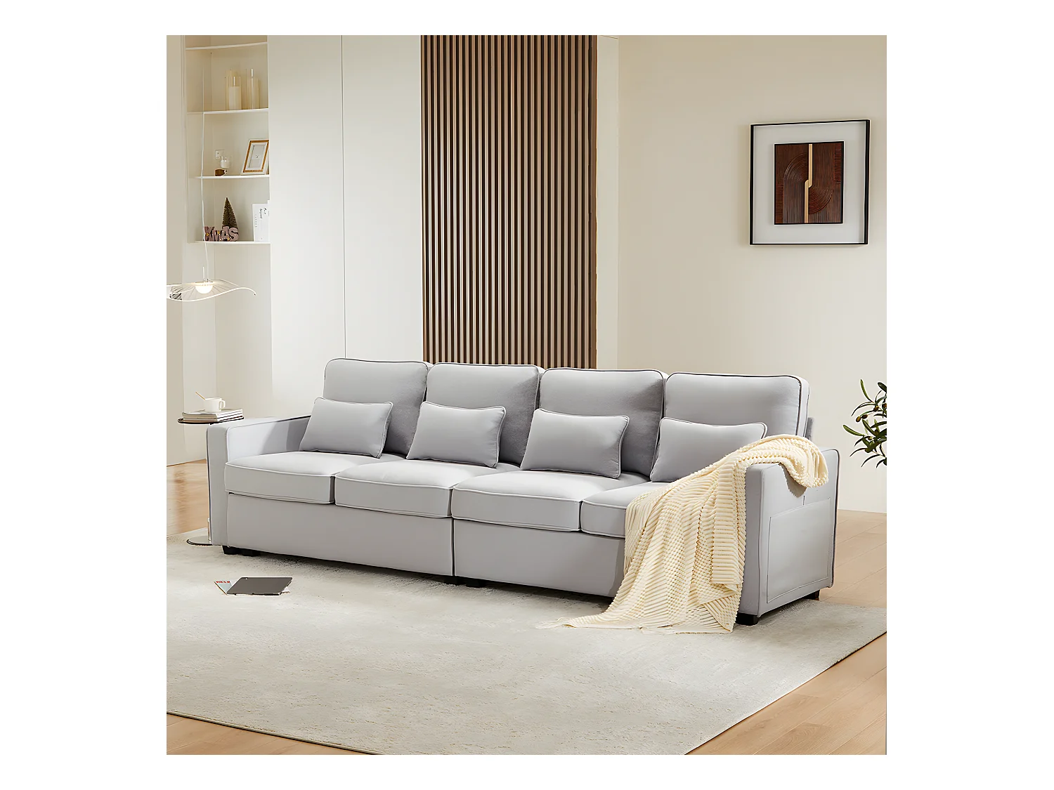 Canapé droit 4 places avec poches accoudoirs et 4 coussins pour le salon l'appartement le bureau Tissu de lin Gris