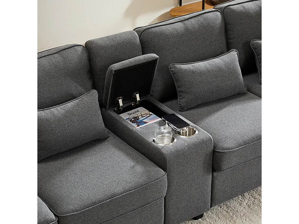Canapé droit 4 places avec poches accoudoirs et 4 coussins pour le salon l'appartement le bureau avec console 2 porte-boissons 2 ports USB Tissu de lin Gris foncé