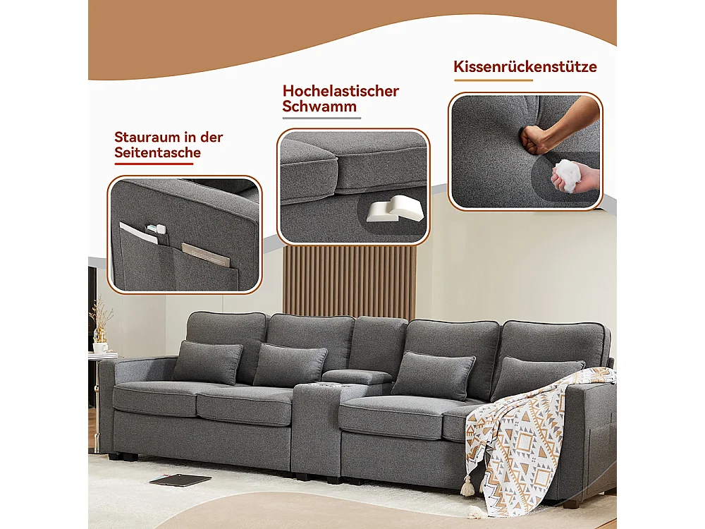Canapé droit 4 places avec poches accoudoirs et 4 coussins pour le salon l'appartement le bureau avec console 2 porte-boissons 2 ports USB Tissu de lin Gris foncé