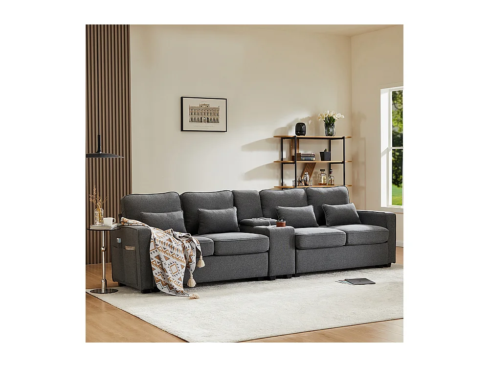 Canapé droit 4 places avec poches accoudoirs et 4 coussins pour le salon l'appartement le bureau avec console 2 porte-boissons 2 ports USB Tissu de lin Gris foncé