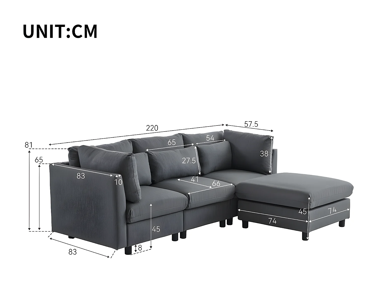 Canapé d'angle avec repose-pieds Canapé trois places en forme de L Design moderne Meubles rembourrés de salon Gris foncé