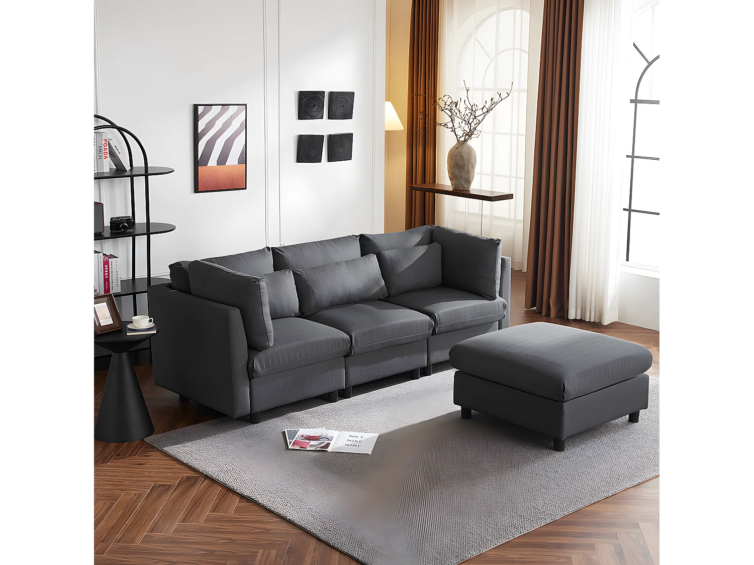Canapé d'angle avec repose-pieds Canapé trois places en forme de L Design moderne Meubles rembourrés de salon Gris foncé