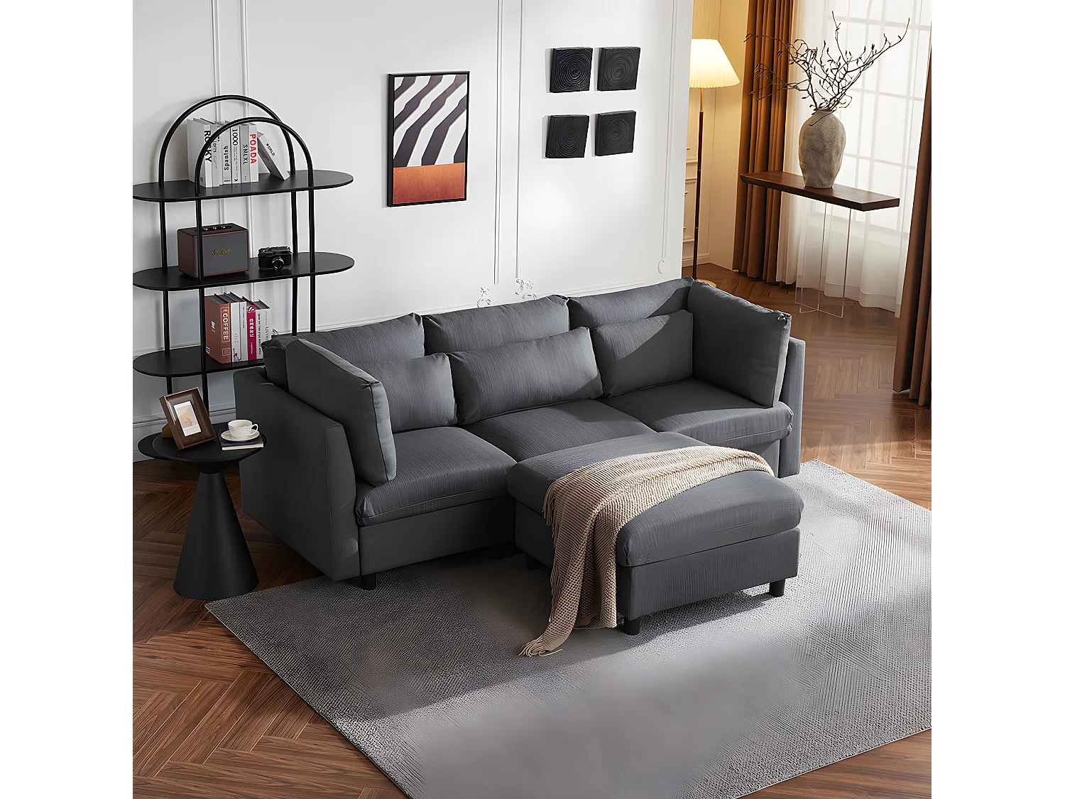 Canapé d'angle avec repose-pieds Canapé trois places en forme de L Design moderne Meubles rembourrés de salon Gris foncé