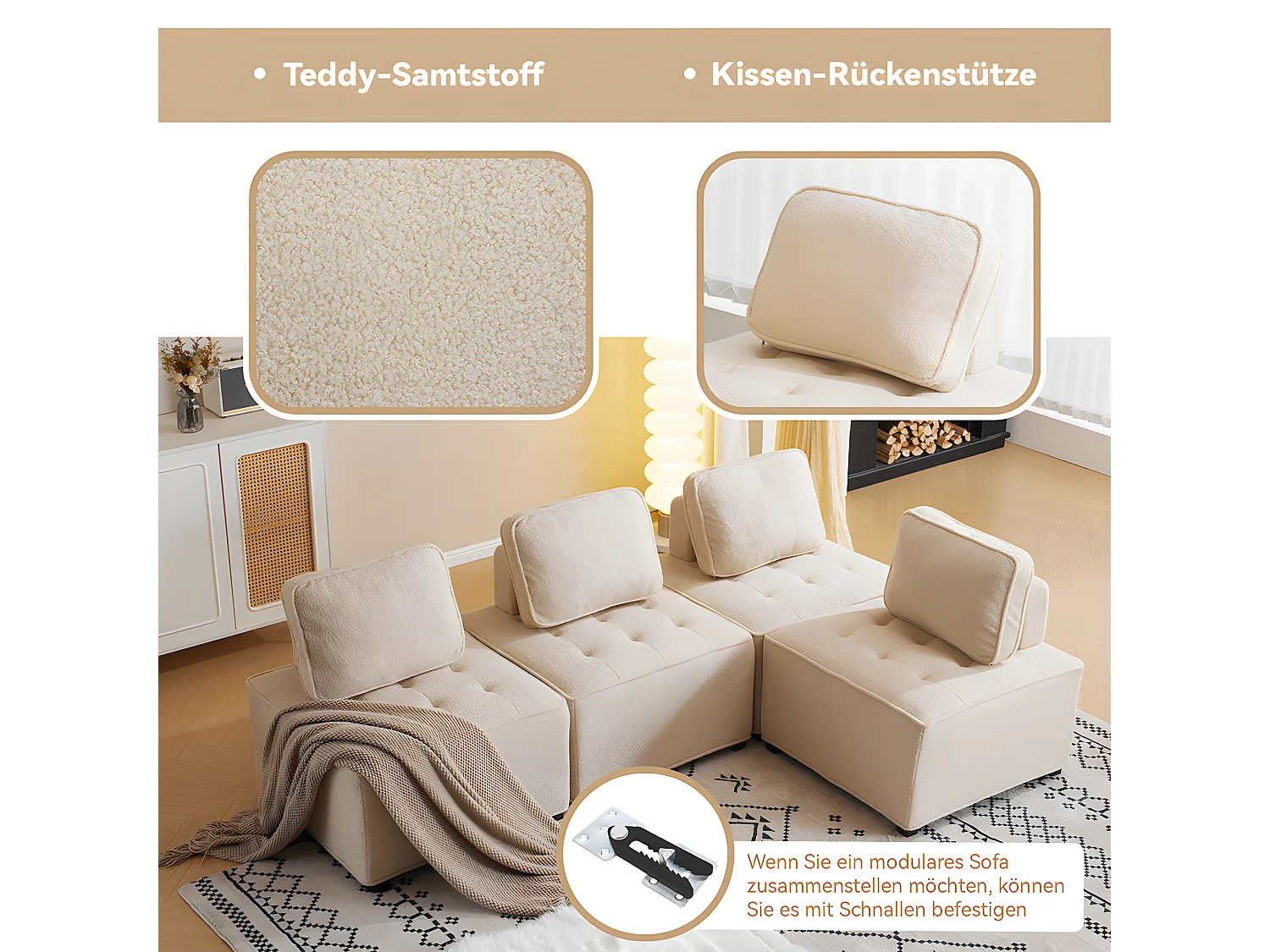 Canape droit individuel chaise sans bras canapé modulaire canapé d'angle 4 personne canapé épissé Teddy fleece Beige