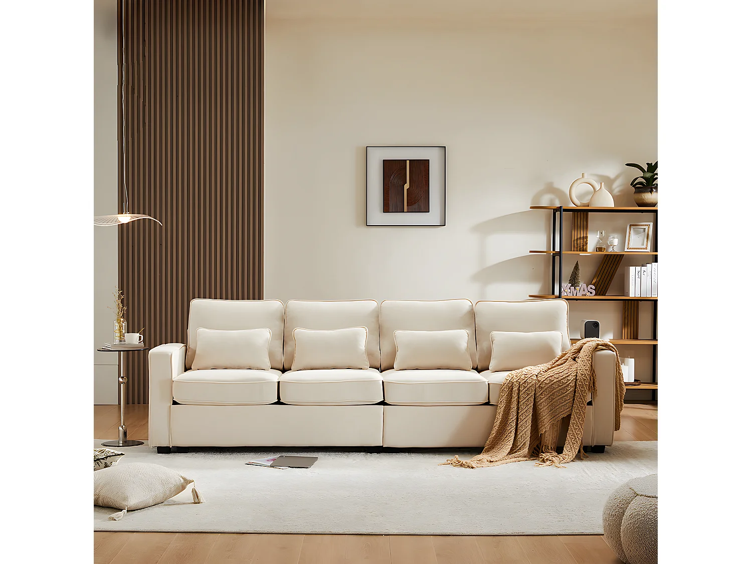 Canapé droit 4 places avec poches accoudoirs et 4 coussins pour le salon l'appartement le bureau Tissu de lin Beige