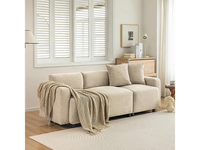 Canapé droit meuble rembourré 3 places avec coussins salon décoratifs Beige