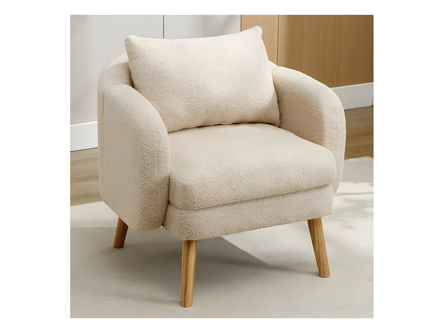 Fauteuil Canapé Fauteuil avec coussin à pieds en bois massif moderne et sobre en Teddy Tissu Beige