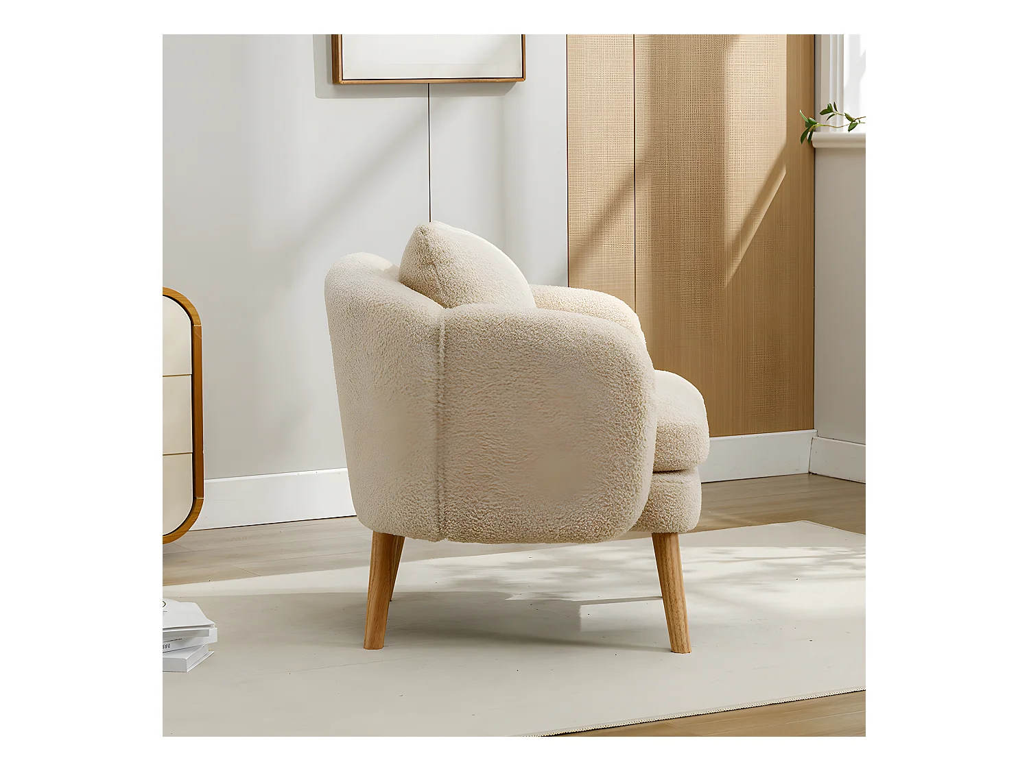 Fauteuil Canapé Fauteuil avec coussin à pieds en bois massif moderne et sobre en Teddy Tissu Beige