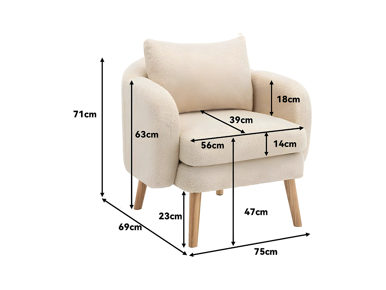 Fauteuil Canapé Fauteuil avec coussin à pieds en bois massif moderne et sobre en Teddy Tissu Beige