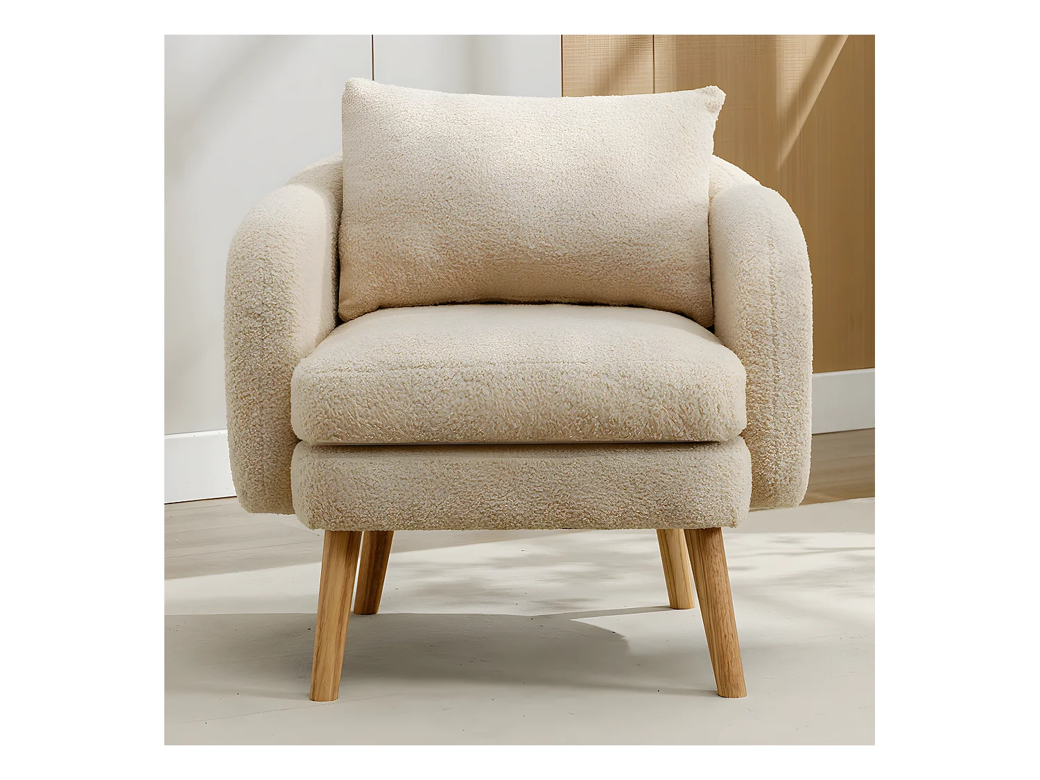 Fauteuil Canapé Fauteuil avec coussin à pieds en bois massif moderne et sobre en Teddy Tissu Beige