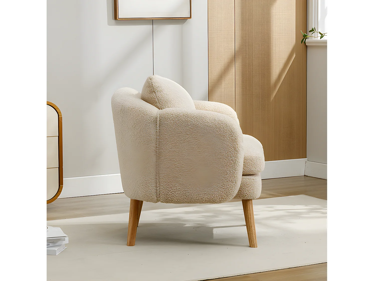 Fauteuil Canapé Fauteuil avec coussin à pieds en bois massif moderne et sobre en Teddy Tissu Beige