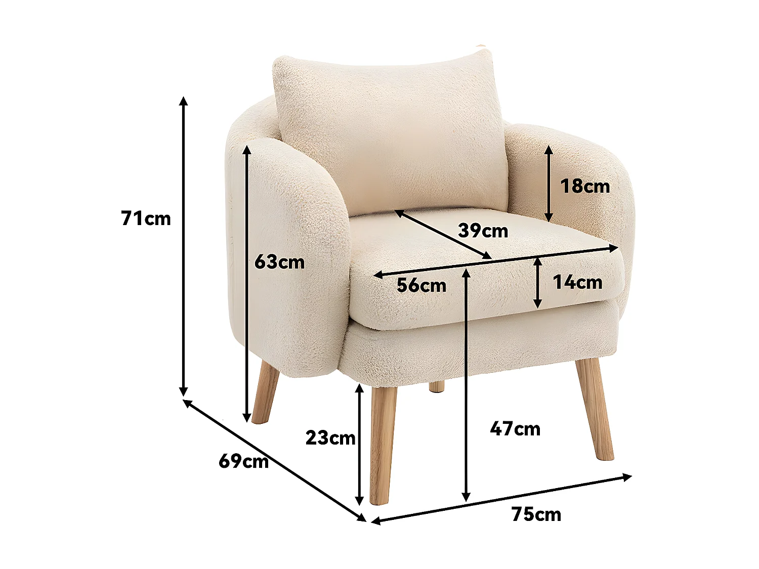 Fauteuil Canapé Fauteuil avec coussin à pieds en bois massif moderne et sobre en Teddy Tissu Beige