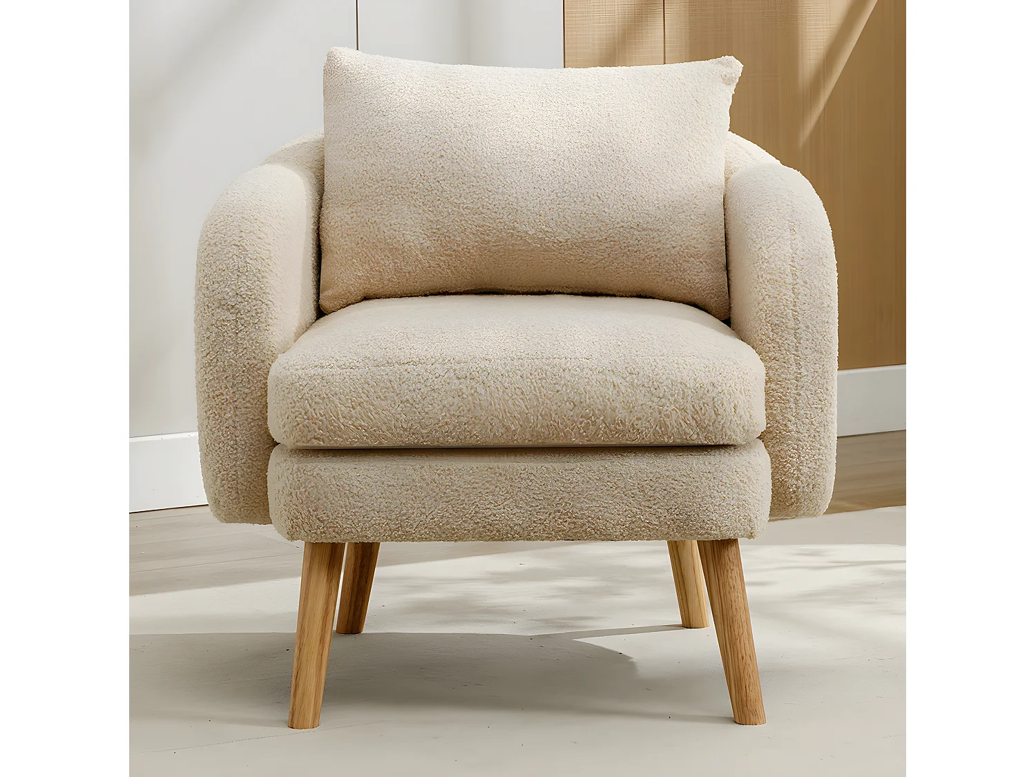 Fauteuil Canapé Fauteuil avec coussin à pieds en bois massif moderne et sobre en Teddy Tissu Beige