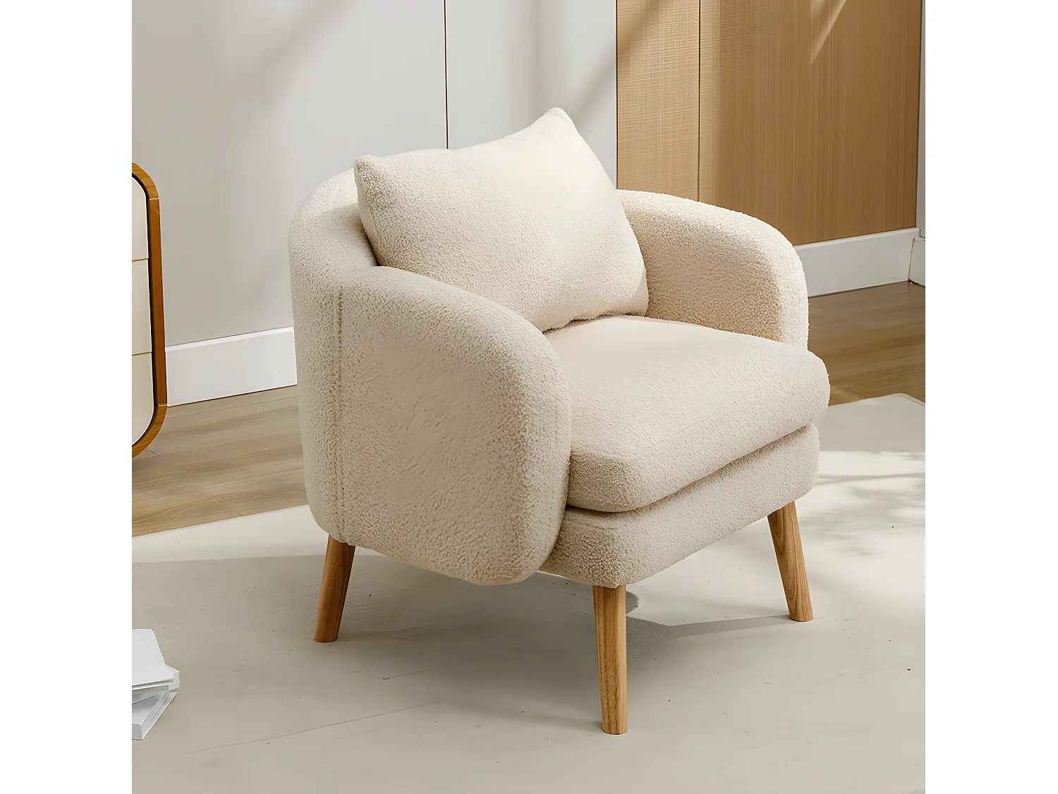 Fauteuil Canapé Fauteuil avec coussin à pieds en bois massif moderne et sobre en Teddy Tissu Beige